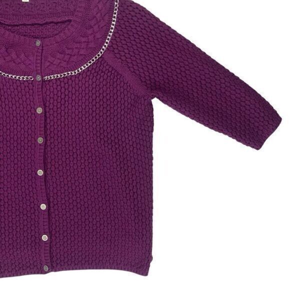 Liz Claiborne Cardigan Women XL Purple Cable Knit Chain Trim Button Down Sweater - Picture 5 of 16
